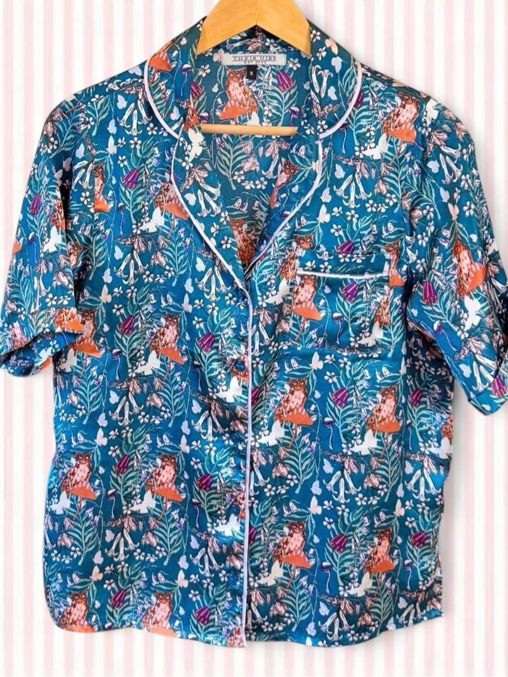 Their Nibs Woodland Owl Mushroom Satin Pajama Lounge Top Size S